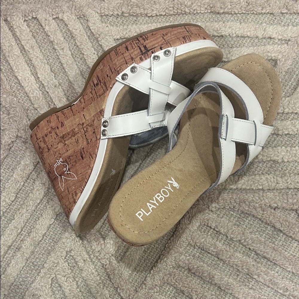 PLAYBOY White and Tan Wedge Sandals